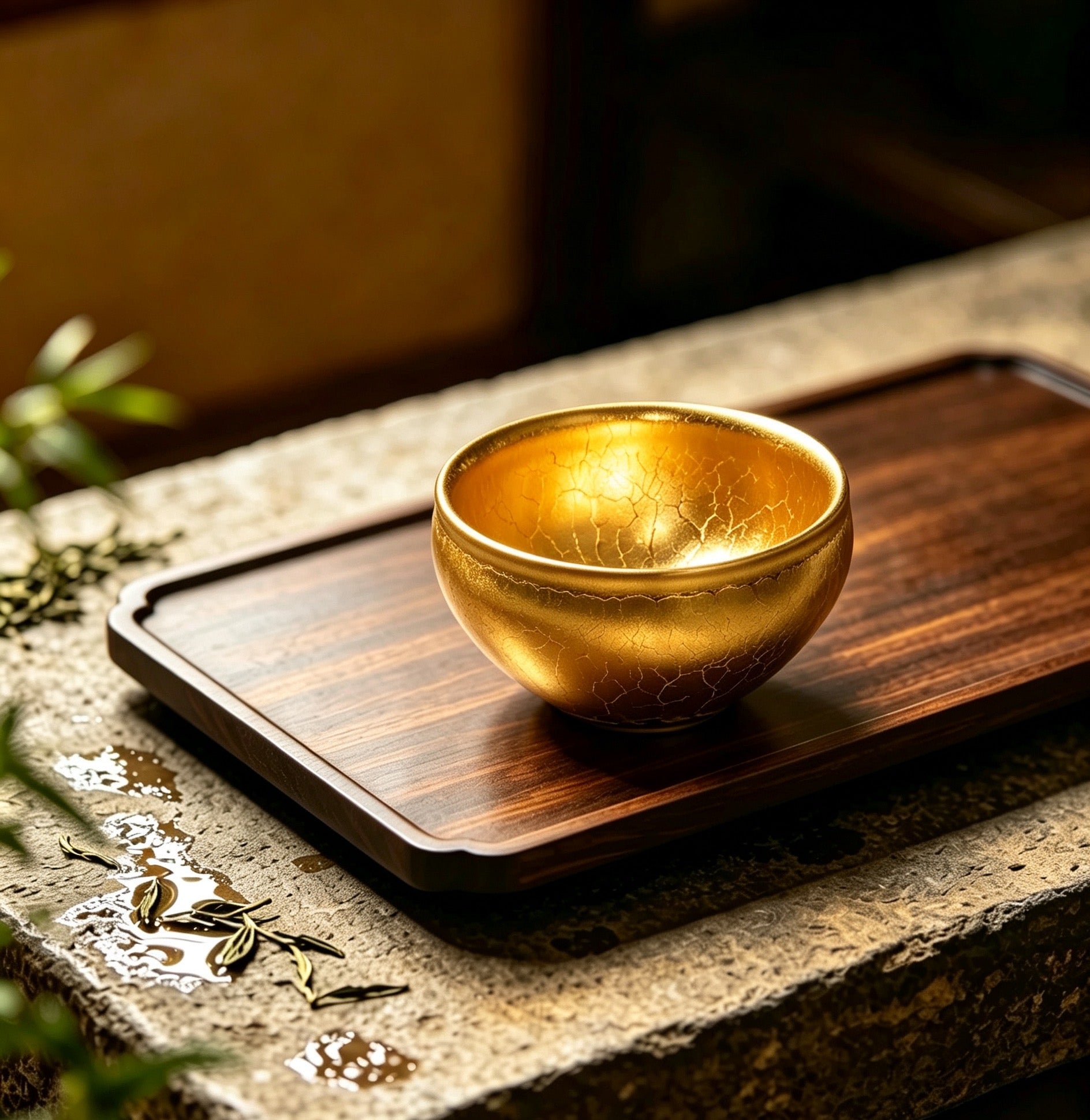 Jian Zhan Tea Bowl with Gold Oil Spot Glaze and Gilt Accents
