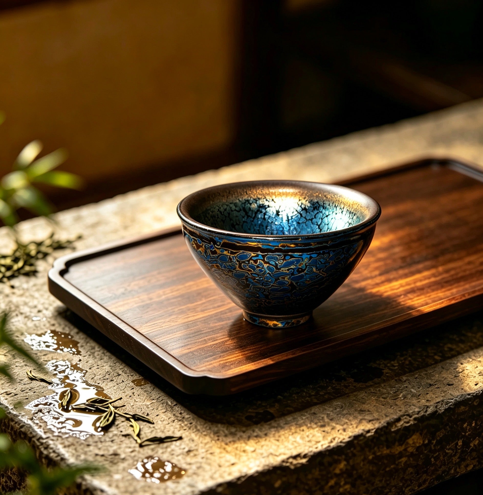 Blue Qilin Jian Zhan with Iridescent Gold Lacquer (Urushi)